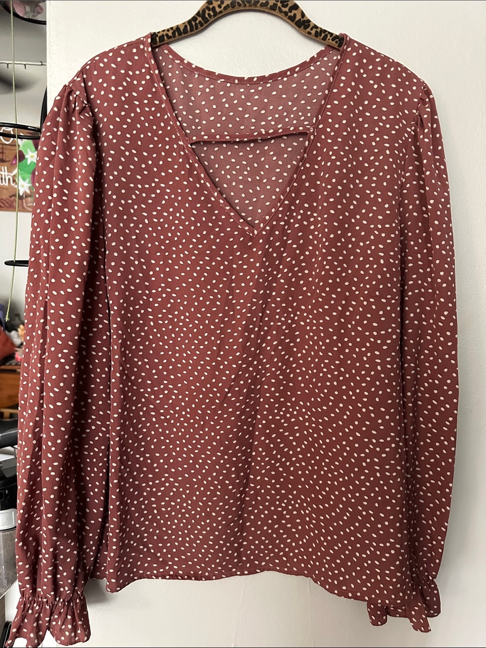 SHEIN Rose Brown Polka Dot V-Neck Long Sleeve Blouse